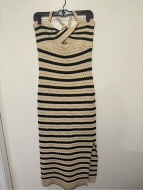 House of Harlow Beige and Black Striped Knit Midi Dress